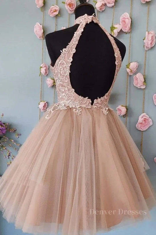High Neck Open Back Short Champagne Lace Prom Dress, Backless Champagne Lace Formal Graduation Dress, Champagne Lace Homecoming Dress Tunics Chic fashionable High Neck Open Back Short Champagne Lace Prom Dress, Backless Champagne Lace Formal Graduation Dress, Champagne Lace Homecoming Dress Tunics Chic fashionable