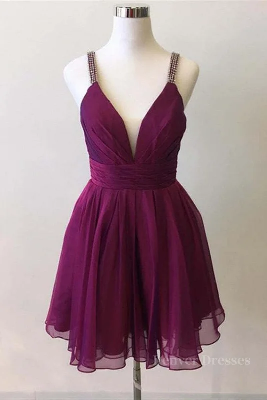 Cute V Neck Purple Chiffon Short Prom Dresses Homecoming Dresses, V Neck Purple Formal Dresses, Purple Evening Dresses Cocktail Dresses Shift Classic Vintage