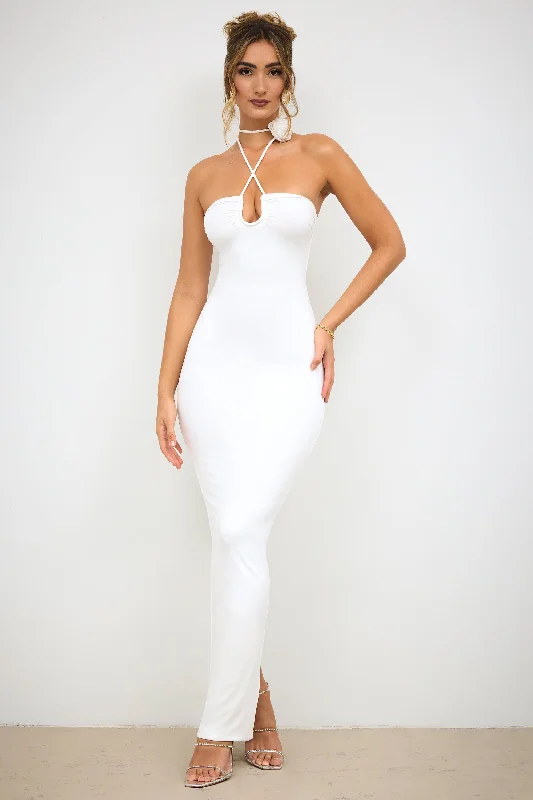 Slinky Jersey Rose Detail Halter Neck Maxi Dress in White Turtleneck Warm Winter