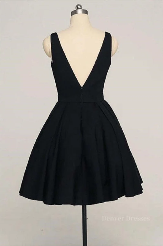 V Neck Open Back Short Black Prom Dresses, V Neck Black Homecoming Dresses, Black Formal Evening Dresses Tunics Versatile stylish V Neck Open Back Short Black Prom Dresses, V Neck Black Homecoming Dresses, Black Formal Evening Dresses Tunics Versatile stylish