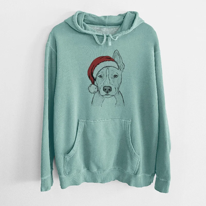 Santa Hat Kisses the Pitbull - Unisex Pigment Dyed Hoodie Hoodie with Cuffed Sleeves Snug Secure