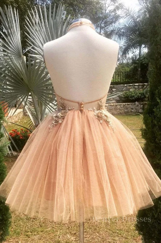 Halter Neck Backless Champagne 3D Floral Short Prom Dress, Backless Champagne Formal Graduation Homecoming Dress Tunics Timeless classic Halter Neck Backless Champagne 3D Floral Short Prom Dress, Backless Champagne Formal Graduation Homecoming Dress Tunics Timeless classic