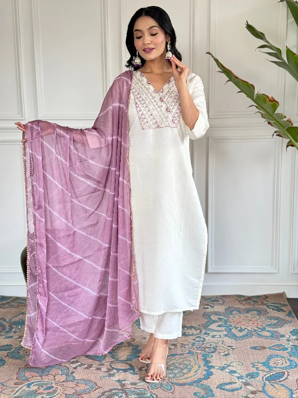 Women V Neck Embroidered Work Chanderi Viscose Fabric Kurta & Pant With Dupatta Set Comfortable Wide-Leg Pants Women V Neck Embroidered Work Chanderi Viscose Fabric Kurta & Pant With Dupatta Set Comfortable Wide-Leg Pants