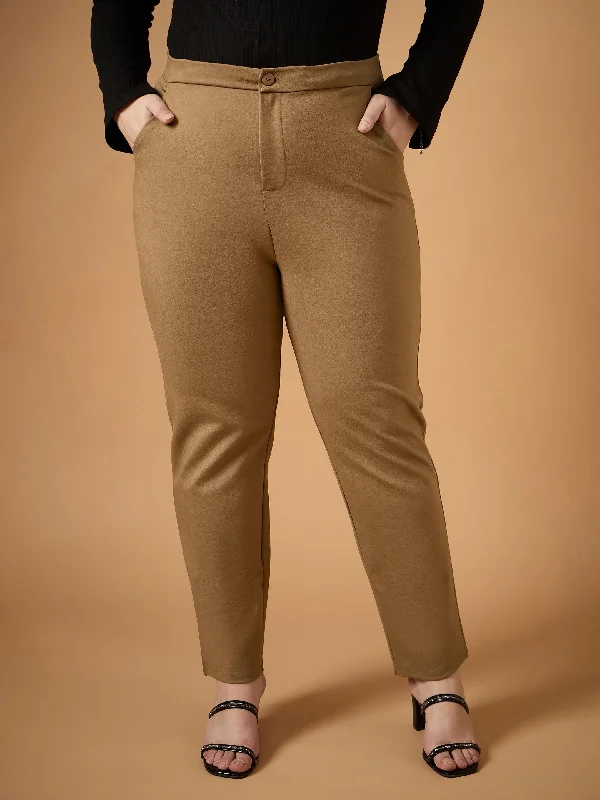 Women Beige Mom Fit Pants Soft Stretch Trousers