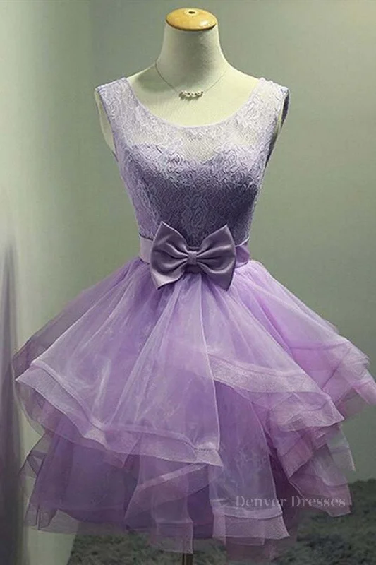 Round Neck Purple Lace Short Prom Dresses, Lilac Lace Homecoming Dresses, Purple Formal Evening Dresses Tunics Chic elegant Round Neck Purple Lace Short Prom Dresses, Lilac Lace Homecoming Dresses, Purple Formal Evening Dresses Tunics Chic elegant