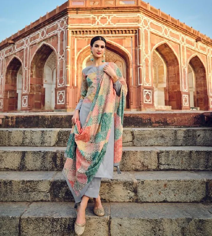 Pure Lawn Cotton Grey Unstitched Salwar Suit Dress Material Tunics Silk luxurious