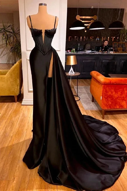 Black Spaghetti Straps Split Chapel Trailing Evening Prom Dresses Tunics Luxurious high-end Black Spaghetti Straps Split Chapel Trailing Evening Prom Dresses Tunics Luxurious high-end