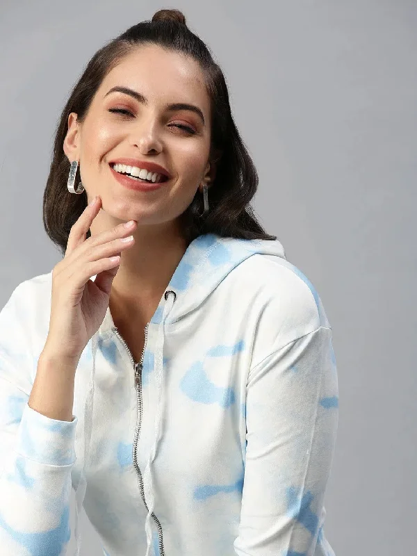 Women's White Solid Crop Front-Open Sweatshirt-AF-1791-Whiteblue Hoodie with Emblem Brand Identity