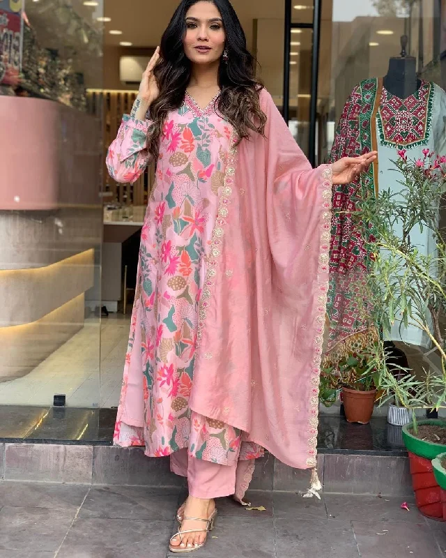 Women V Neck Embroidered Work Viscose Rayon Fabric Kurta & Pant With Dupatta Set Modern Stretch Trousers Women V Neck Embroidered Work Viscose Rayon Fabric Kurta & Pant With Dupatta Set Modern Stretch Trousers