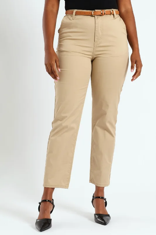 Belted Stretch Sateen Chino Pant - Stone Cozy Fitted Pants