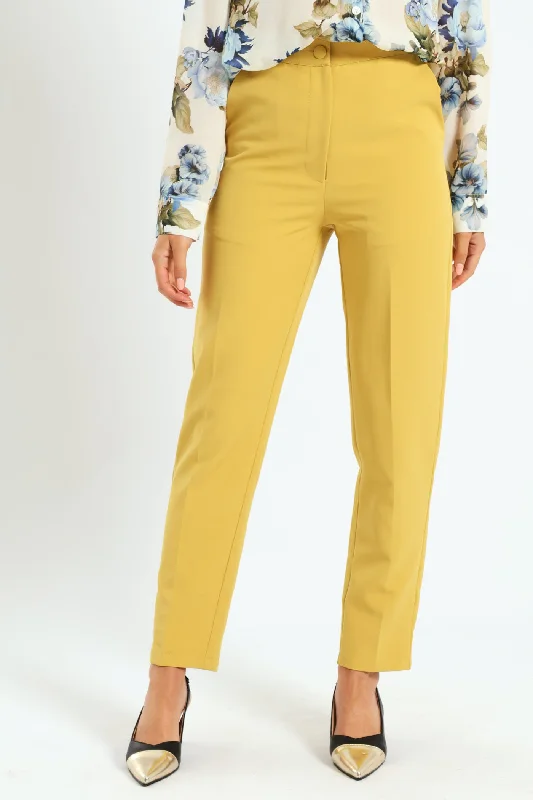 Covered Button Tapered Pant - Mustard Trendy High-Waist Trousers