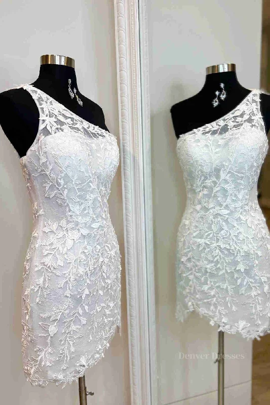 One Shoulder Short Lace Prom Dresses, Short Lace Formal Homecoming Dresses Turtleneck Neckline Stylish One Shoulder Short Lace Prom Dresses, Short Lace Formal Homecoming Dresses Turtleneck Neckline Stylish
