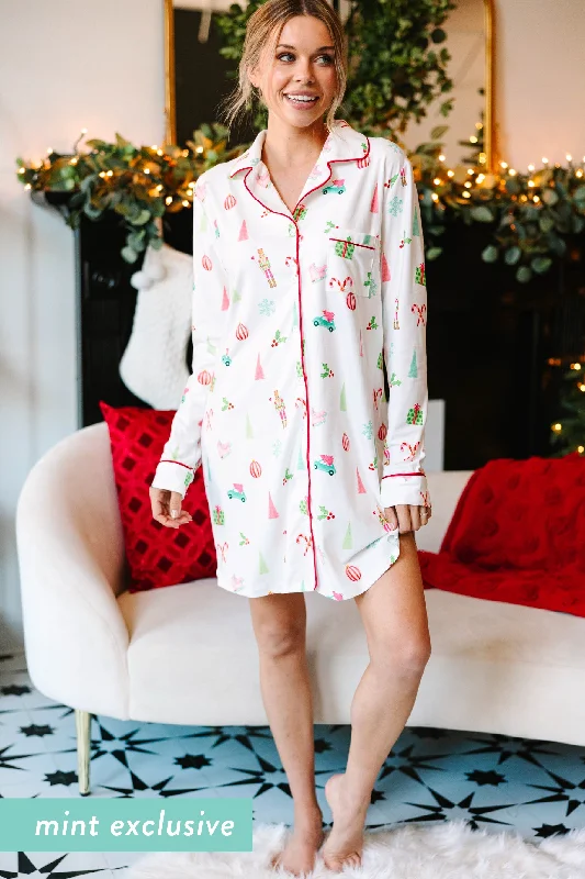 Staying In White Holiday Print Pajama Dress Tunics Bestseller popular