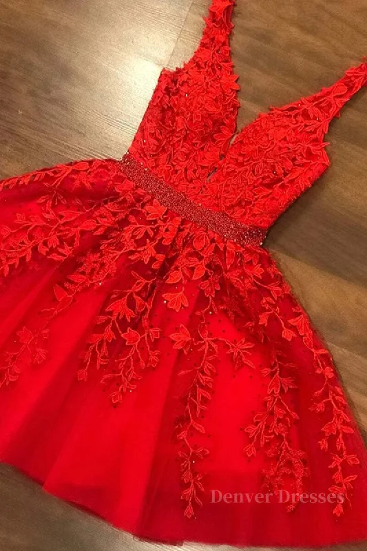 V Neck Short Red Lace Prom Dress with Beadings, Short Red Lace Formal Graduation Homecoming Dress Tunics Fall fleece V Neck Short Red Lace Prom Dress with Beadings, Short Red Lace Formal Graduation Homecoming Dress Tunics Fall fleece