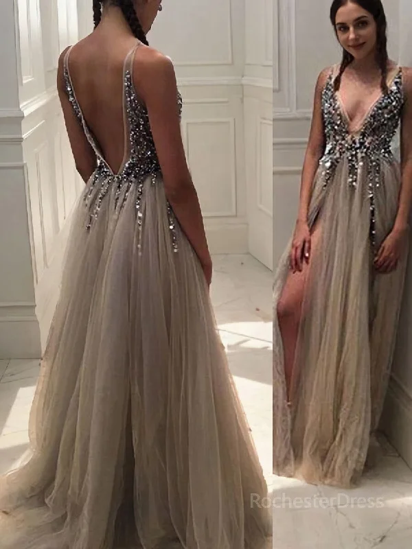 A-Line/Princess V-neck Sweep Train Tulle Evening Dresses With Rhinestone Tunics Stylish elegant A-Line/Princess V-neck Sweep Train Tulle Evening Dresses With Rhinestone Tunics Stylish elegant