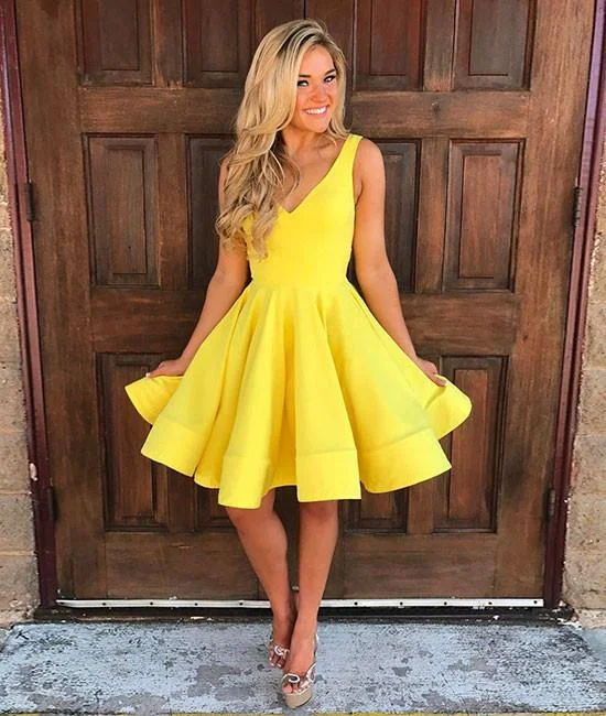 CUTE YELLOW V NECK SHORT PROM DRESS, YELLOW HOMECOMING DRESS Tunics Gym athletic