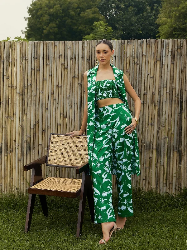 Women Green & White Floral Bustier, Pant & Shrug Trendy Printed Pants