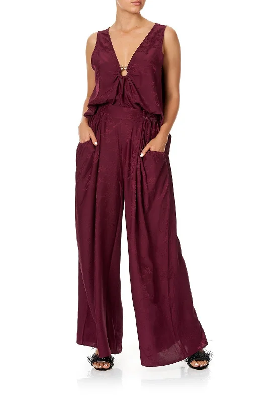 WIDE LEG PANT WITH GATHERED POCKETS BURGUNDY Soft Stretch Pants