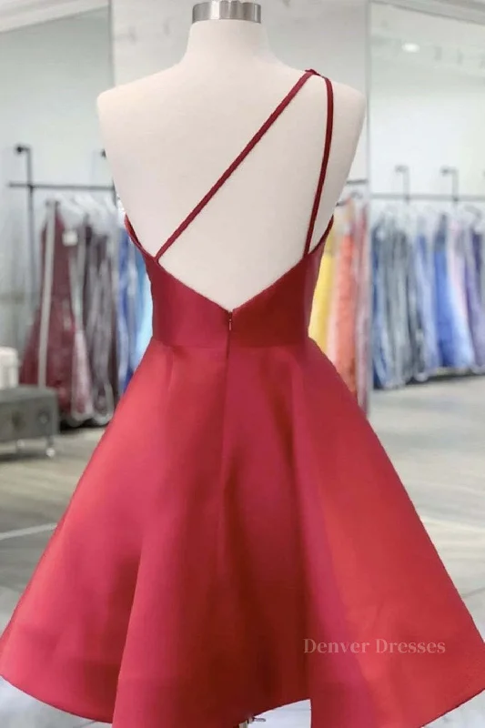 One Shoulder Open Back Burgundy Floral Short Prom Dress, Wine Red Floral Formal Evening Homecoming Dress Tunics Luxurious premium One Shoulder Open Back Burgundy Floral Short Prom Dress, Wine Red Floral Formal Evening Homecoming Dress Tunics Luxurious premium