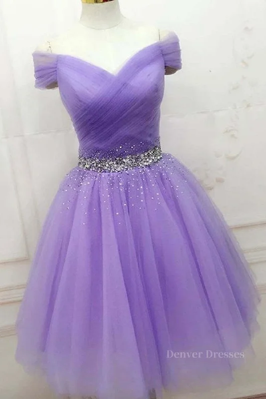Off Shoulder Sequins Purple Short Prom Dresses, Off the Shoulder Purple Homecoming Dresses, Short Purple Formal Evening Dresses Tunics Seasonal trendy