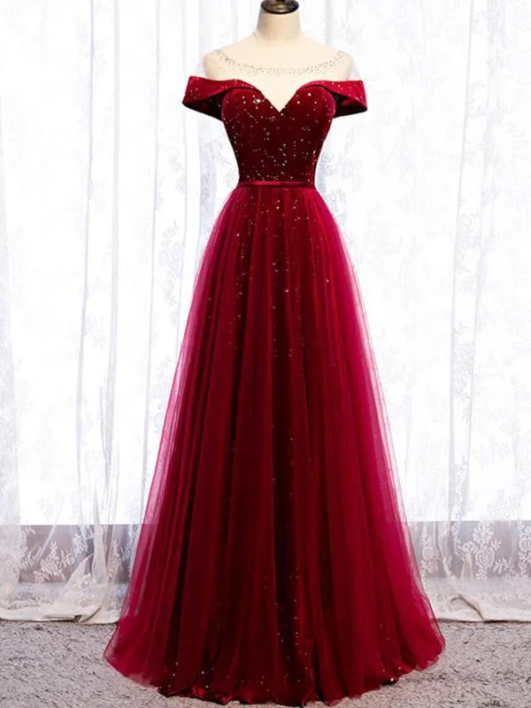 Cap Sleeve Red Sparkly Tulle Long Cheap Evening Prom Dresses Tunics Velvet soft