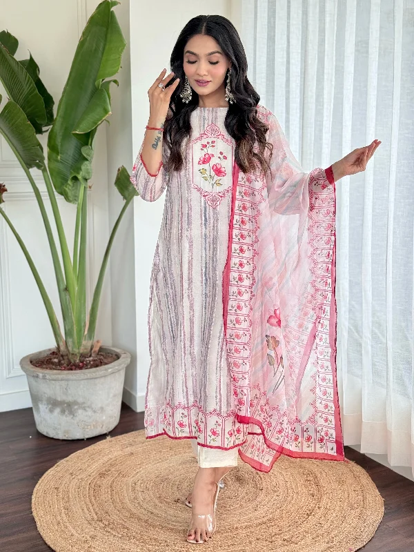 Women Round Neck Embroidered Work Kora Muslin Kurta & Pant With Dupatta Set Casual Lounge Pants Women Round Neck Embroidered Work Kora Muslin Kurta & Pant With Dupatta Set Casual Lounge Pants