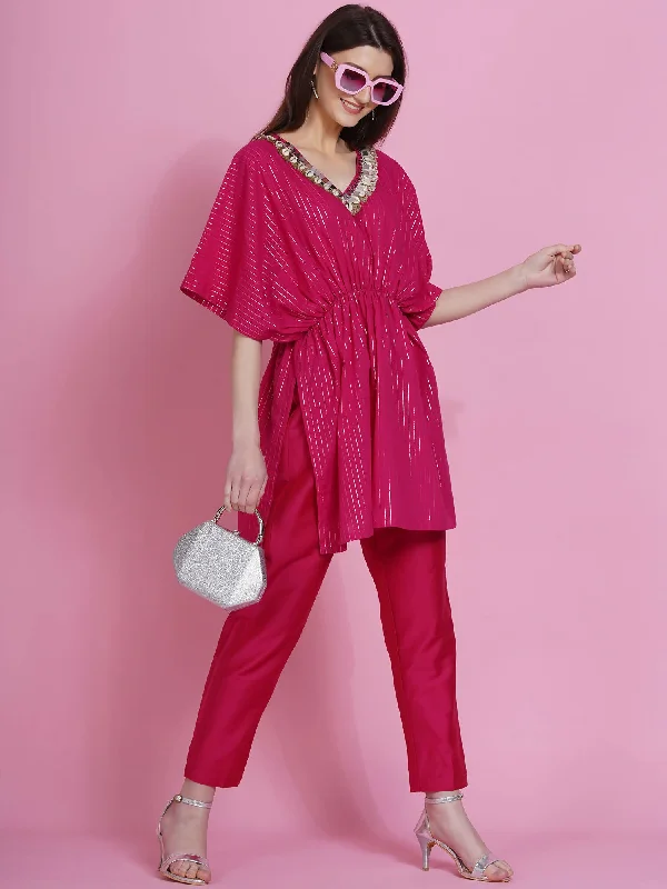 Women Republic Pink Lurex Cotton Kaftan Style Kurta With Pants Wide-Legged Palazzos