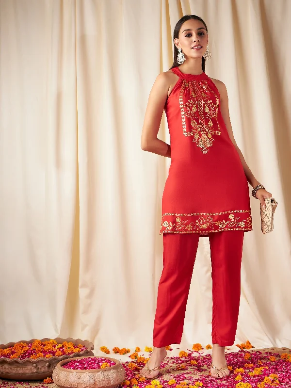 Women Red Foil Print Halter Neck Kurta With Pants Comfy High-Waist Jeans