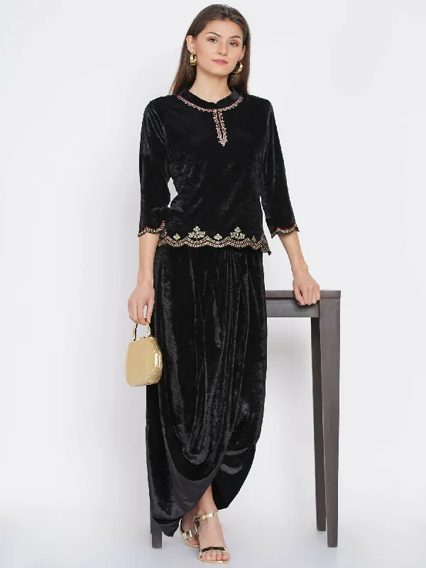 Women Republic Black Velvet Embroiderd Koti With Dhoti Pants Comfortable Cargo Pants
