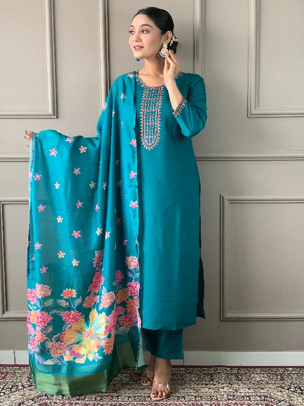 Women Round Neck Embroidered Work Chanderi Cotton Fabric Kurta & Pant With Dupatta Set Trendy Work Pants