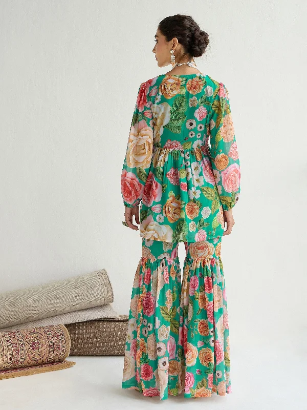 Women Green Floral Peplum Top With Sharara Pants Comfy High-Waist Jeans