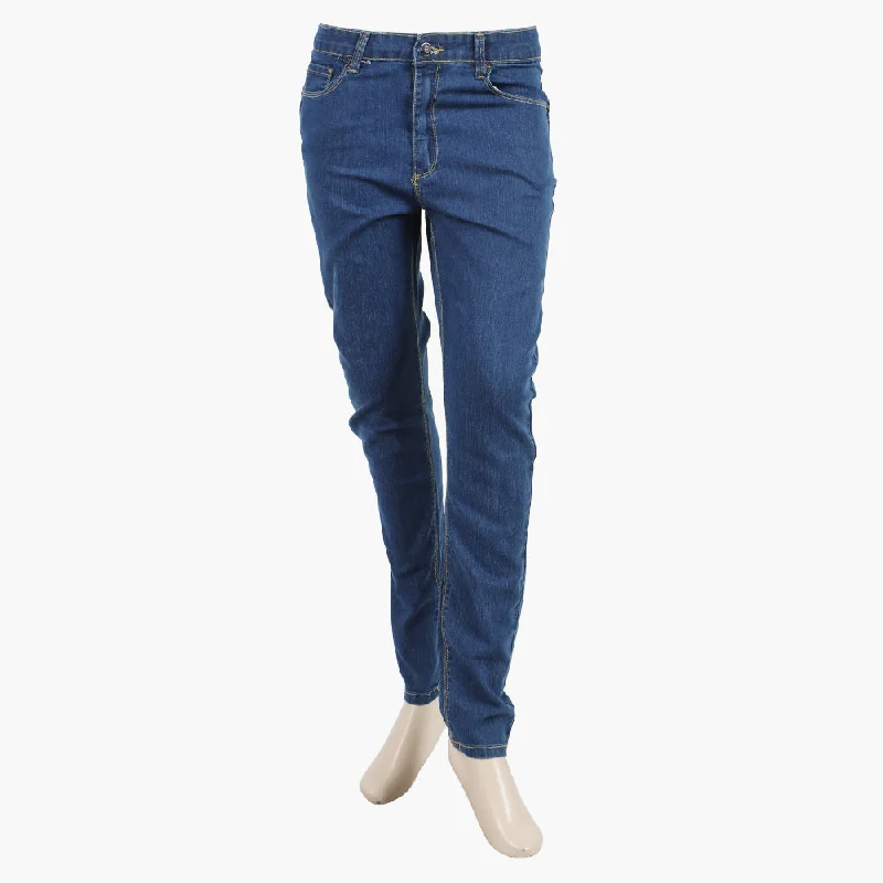 Women's Basic Denim Pant - Mid Blue Trendy High-Waist Trousers