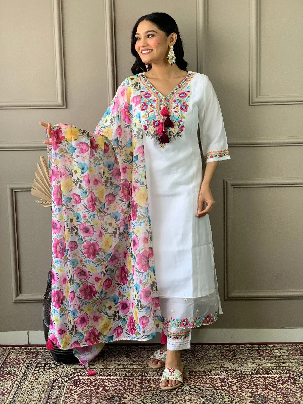 Women V Neck Embroidered Work, Chanderi Fabric With Cotton Lining Kurta & Pant With Dupatta Set Cozy Knit Pants Women V Neck Embroidered Work, Chanderi Fabric With Cotton Lining Kurta & Pant With Dupatta Set Cozy Knit Pants
