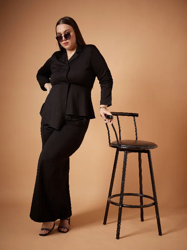 Women Black Ruched Sleeves Blazer With Straight Pants Trendy Wide-Legged Trousers