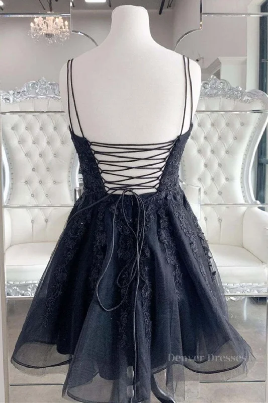 Black V Neck Backless Lace Short Prom Dresses, Backless Black Lace Homecoming Dresses, Black Lace Formal Evening Dresses Tunics Modern contemporary