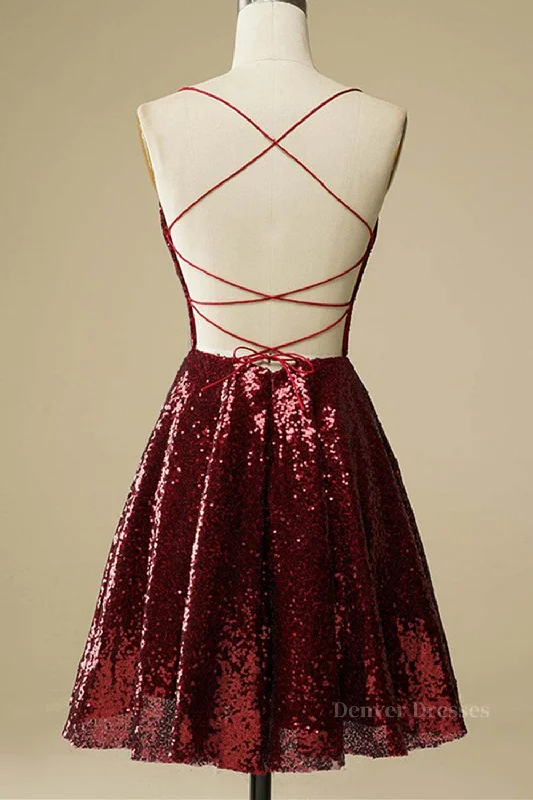 Shiny Sequins Backless Burgundy Short Prom Dresses, Backless Burgundy Homecoming Dresses, Burgundy Formal Evening Dresses Tunics Trendy modern Shiny Sequins Backless Burgundy Short Prom Dresses, Backless Burgundy Homecoming Dresses, Burgundy Formal Evening Dresses Tunics Trendy modern