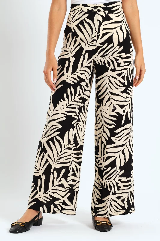 Pull-On Wideleg Leaf Print Pants - Black/Cream High-Waist Jogger Pants