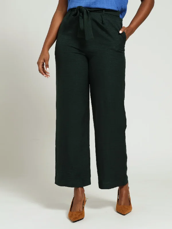 Belted Wideleg Pants - Dark Green Trendy Tapered Pants