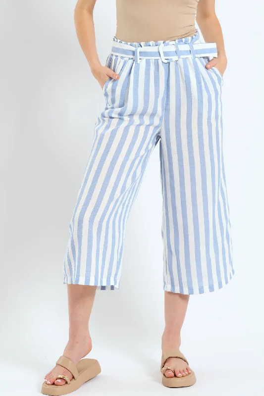 Culotte Self Tie Paperbag Wideleg Pants - White/Blue Stylish Slim Trousers