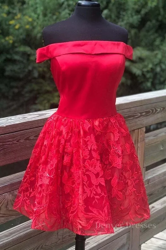 Off Shoulder Short Red Lace Prom Dress, Off Shoulder Red Lace Formal Graduation Dress, Red Lace Homecoming Dress Tunics Vintage classic Off Shoulder Short Red Lace Prom Dress, Off Shoulder Red Lace Formal Graduation Dress, Red Lace Homecoming Dress Tunics Vintage classic
