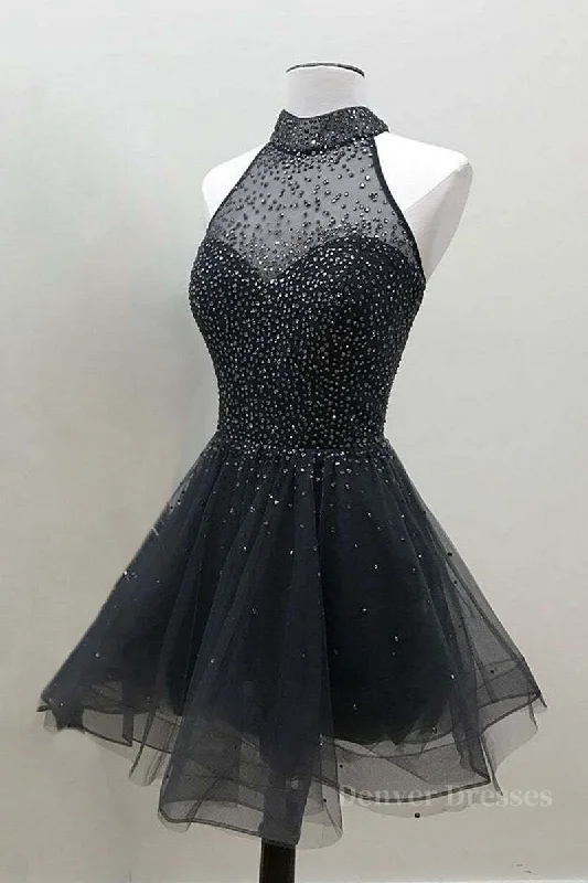 Glamorous A Line High Neck Beaded Tulle Short Black Prom Dresses, Beaded Black Homecoming Dresses, Black Short Formal Graduation Evening Dresses Off-the-shoulder Chic Trendy Glamorous A Line High Neck Beaded Tulle Short Black Prom Dresses, Beaded Black Homecoming Dresses, Black Short Formal Graduation Evening Dresses Off-the-shoulder Chic Trendy