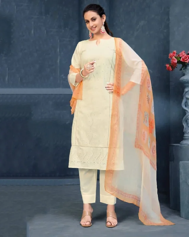 Rivaa Pure Cotton Off-White Unstitched Suit Dress Material Tunics Mesh breathable