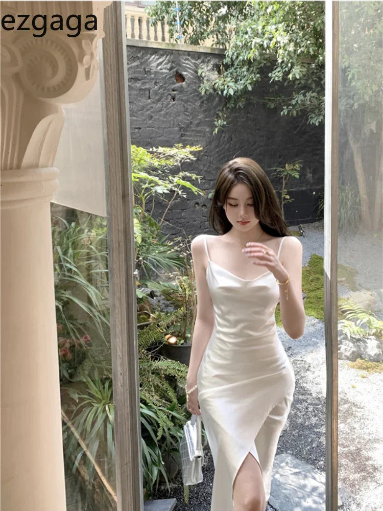 Yipinpay Summer New Elegant Dresses Women French Style Sexy Swinging Collar Satin Sleeveless Slim White Dress Ladies Stylish Tunics Corduroy durable Yipinpay Summer New Elegant Dresses Women French Style Sexy Swinging Collar Satin Sleeveless Slim White Dress Ladies Stylish Tunics Corduroy durable