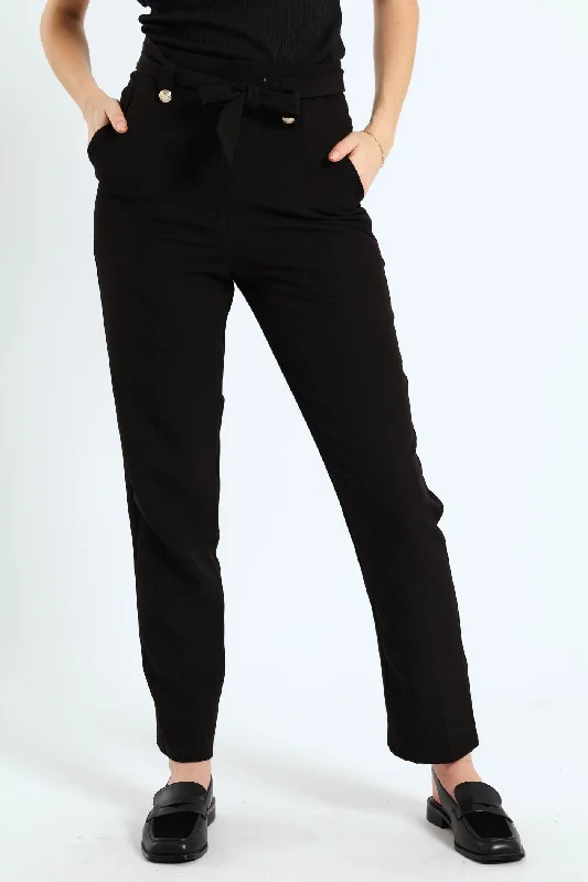 Paper Bag Belted Tapered Pants - Black Soft Cotton Pants