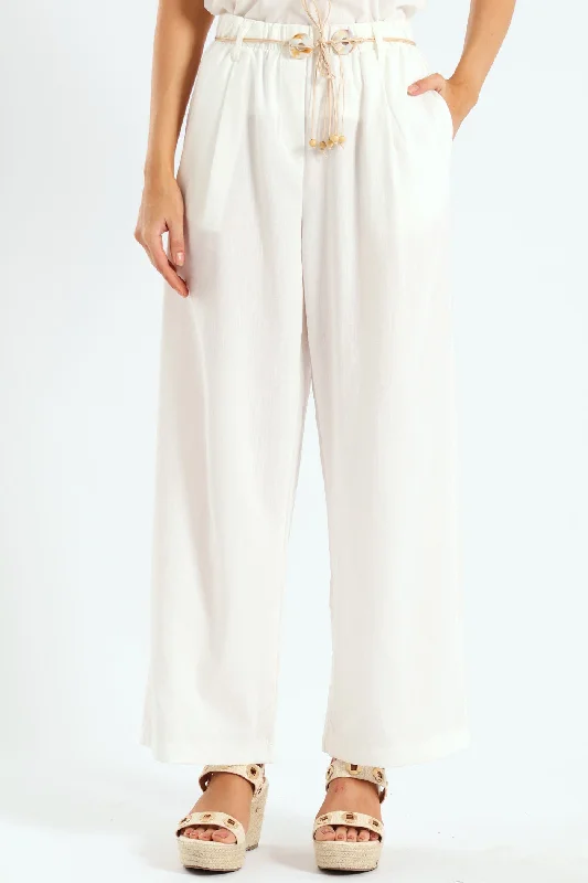 Braided Belt Pull-On Wideleg Pants - Off White Modern Skinny Pants