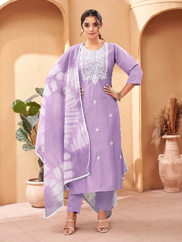 Women Round Neck Thread Work, Chanderi Fabric Kurta & Pant With Dupatta Set Fashionable Work Pants Women Round Neck Thread Work, Chanderi Fabric Kurta & Pant With Dupatta Set Fashionable Work Pants