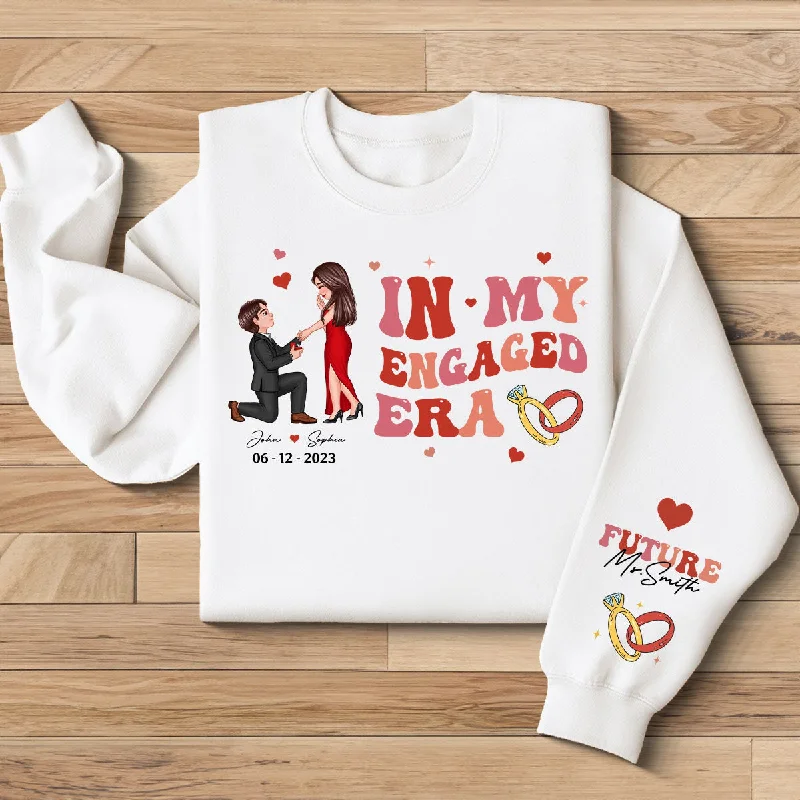 In My Engaged Era Proposing Couple Personalized Sleeved Printed Sweatshirt, Valentine's Day Gift, Engagement Gift For Her, Gift For The Bride-To-Be Hoodie with Double Zipper Versatile Adjustable