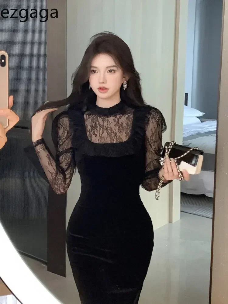 Yipinpay Vintage Elegant Dresses Women Lace Ruffles Patchwork Velvet Long Sleeve Slim Stretch Split Temperament Dress Ladies Black Tunics Stylish elegant Yipinpay Vintage Elegant Dresses Women Lace Ruffles Patchwork Velvet Long Sleeve Slim Stretch Split Temperament Dress Ladies Black Tunics Stylish elegant