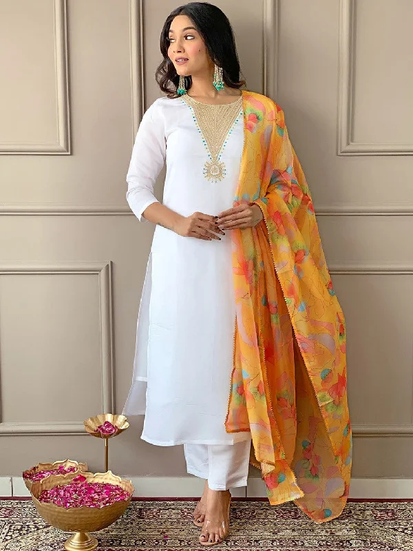 Women Round Neck Embroidery Rayon Blend Fabric Kurta & Pant With Dupatta Set Relaxed Fit Trousers Women Round Neck Embroidery Rayon Blend Fabric Kurta & Pant With Dupatta Set Relaxed Fit Trousers