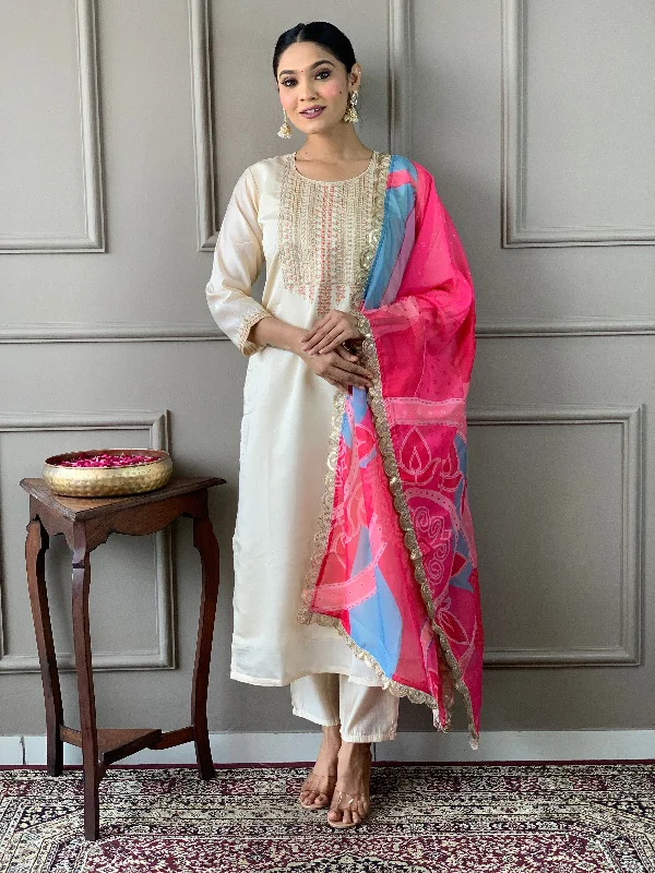 Women Round Neck Embroidered Work Chanderi Viscose Fabric Kurta & Pant With Dupatta Set Elegant Palazzo Trousers